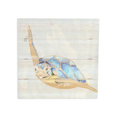16" Sq Blue Sea Turtle With a Flipper Up Coastal Wall Art Plaque