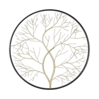 28" Round Gold Tree in a Black Rim Metal Wall Art Plaque