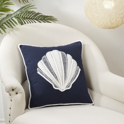 18" Sq Navy Scallop Shell Decorative Coastal Pillow
