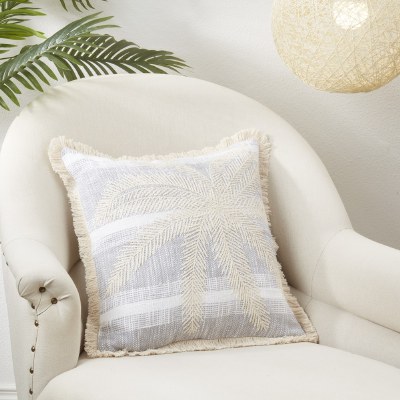 18" Sq Gray and Beige Palm Tree Decorative Pillow