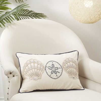 14" x 20" Embroidered Ivory Sea Shells Decorative Pillow