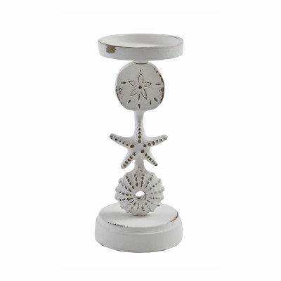 8" Distressed White Metal Seashells Pillar Candleholder