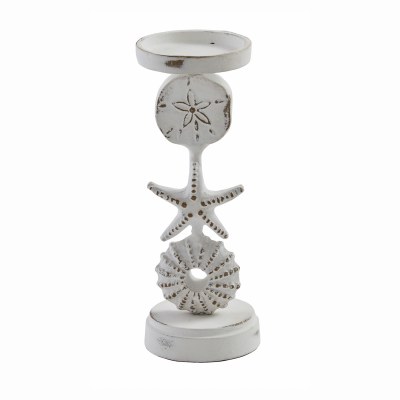 10" Distressed White Metal Seashells Pillar Candleholder