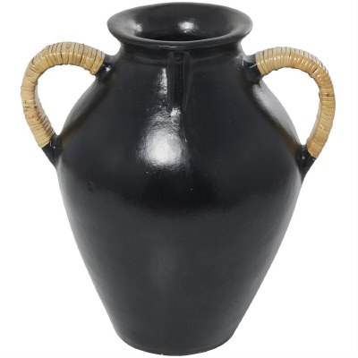 19" Black Two Wrapped Handles Ceramic Vase
