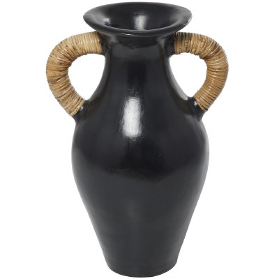 21" Black Two Wrapped Handles Ceramic Vase