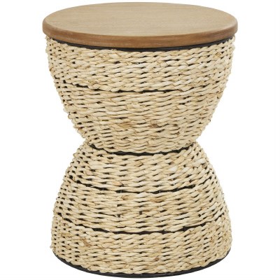 16" Round Brown Wood Top and a Wicker Base End Table