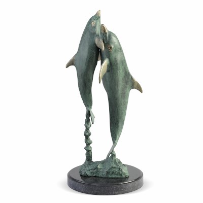 18" Metal Verdigris Dolphin Dou Statue