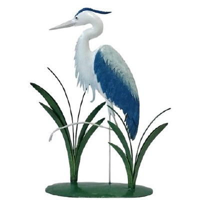 21" White and Blue Heron With Grass Metal Statue
