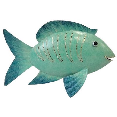 11" Green With Blue Metal Fish Statue