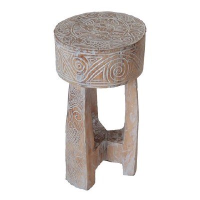 11" Round White Wash Carbed Wood Stool