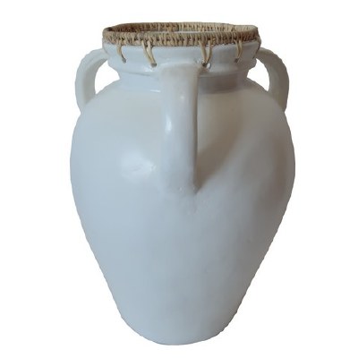 17" White Three Handle Ceramic Vase With a Rattan Rim