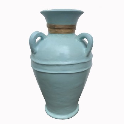 16" Blue Three Handle Ceramic Vase With a Wrapped Rim