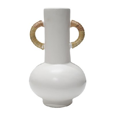 14" White Two Wrapped Handles Ceramic Vase