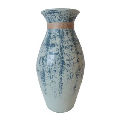 17" Blue Ceramic Vase With a Wrapped Rim
