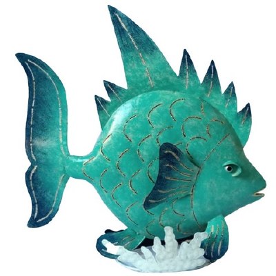 21" Green With Blue Metal Fish Statue