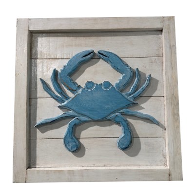 16" Sq Blue Crab on White Coastal Wood Wall Art Plaque