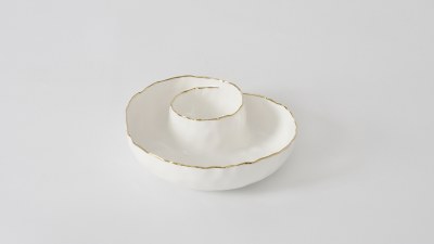 10" Round White and Gold Swirl Ceramic Chip and Dip Dish by Pampa Bay