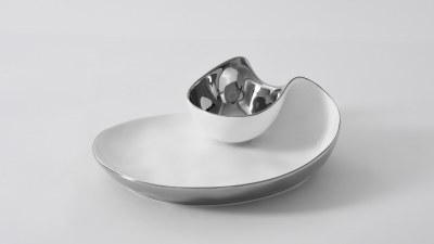 12" Silver and White Modern Ceramic Chip and Dip Dish by Pampa Bay
