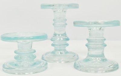 Set of Three Clear Light Blue Glass Pillar Candleholders