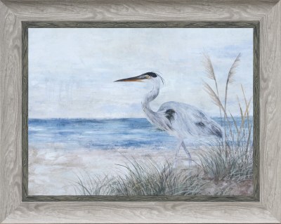 38" x 48" Blue Heron on the Beach 1 Coastal Gel Framed Print