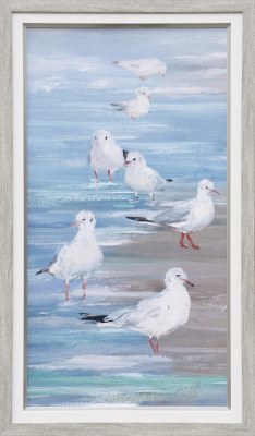 46" x 26" Seagulls on the Beach 1 Coastal Gel Textured Print in a Graywash Frame