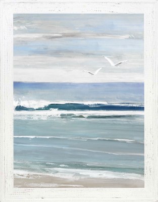 47" x 37" Birds Flying Over the Beach 1 Coastal Gel Textured Print in a Distressed White Frame