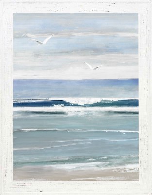 47" x 37" Birds Flying Over the Beach 2 Coastal Gel Textured Print in a Distressed White Frame