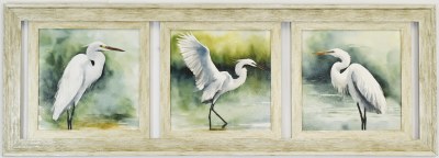 18" x 50" Three Egret Gel Textured Coastal Prints in a Graywash Frame