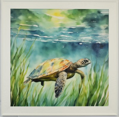 35" Sq Sea Turtle Swimming With Fins Down Gel Textured Coastal Print in a White Frame