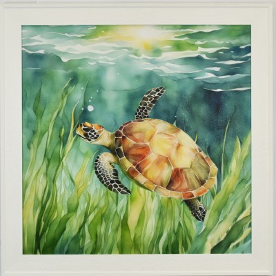 35" Sq Sea Turtle Swimming With Fins Up Gel Textured Coastal Print in a White Frame