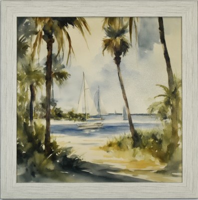 35" Sq Sailboats and Palm Trees Gel Textured Coastal Print in a Distressed White Frame