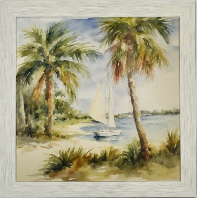 35" Sq One Sailboat and Palm Trees Gel Textured Coastal Print in a Distressed White Frame