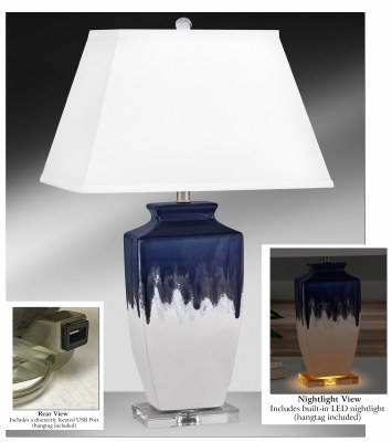 30" Dark Blue and White USB Ceramic Table Lamp