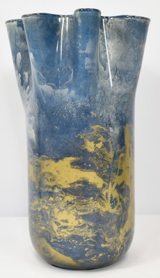 18" Blue, White, and Gold Swirls Glass Ruffle Vase