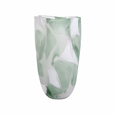 14" Green and White Glass Vase
