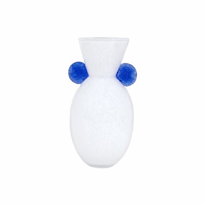 11" White Glass Vase With Two Blue Disk Handles