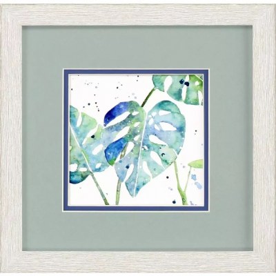 11" Sq Blue and Green Tropical Leaves Framed Print Under Glass
