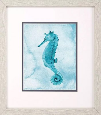 16" x 14" Blue Seahorse Framed Coastal Print Under Glass