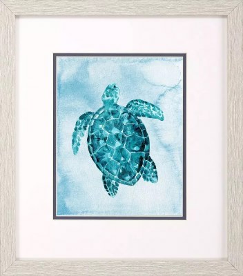 16" x 14" Blue Sea Turtle Framed Coastal Print Under Glass