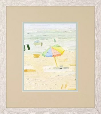 16" x 14" Umbrella on the Left Side of the Beach Framed Coastal Print Under Glass