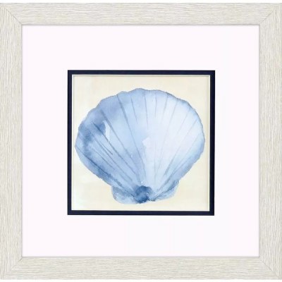 11" Sq Blue Scallop Shell Framed Coastal Print Under Glass