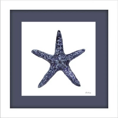 19" Sq Dark Blue Starfish Coastal Framed Print Under Glass
