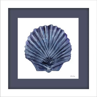 19" Sq Dark Blue Scallop Shell Coastal Framed Print Under Glass
