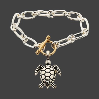 Silver and Gold Toned Sea Turtle Toggle Bracelet