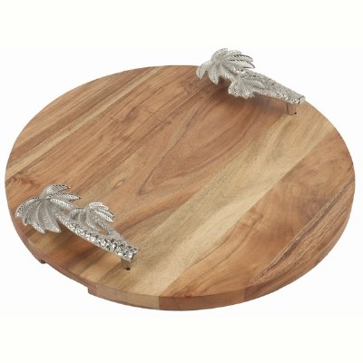 18" Round Wood and Silver Palm Tree Handles Board