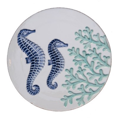 7" Round Blue and Green Ceramic Seahorse Trivet