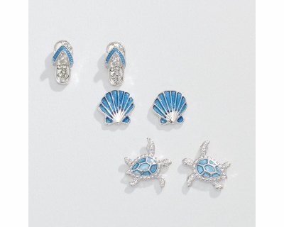 Set of Three Silver Toned and Blue Beach Trio Earrings