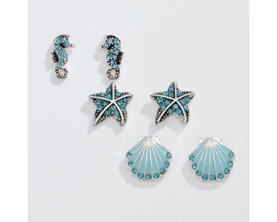 Set of Three Silver Toned and Aqua Sea Life Earrings