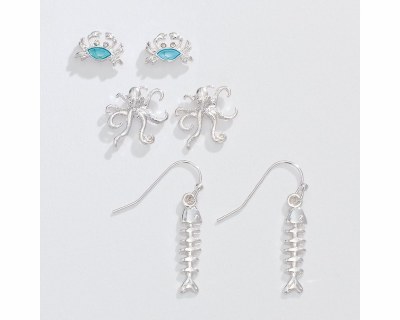Set of Silver Toned and Aqua Sea Creature Earrings