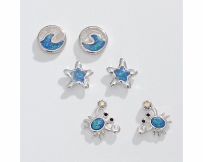 Set of Three Silver Toned and Blue Glitter Sea Life Earrings